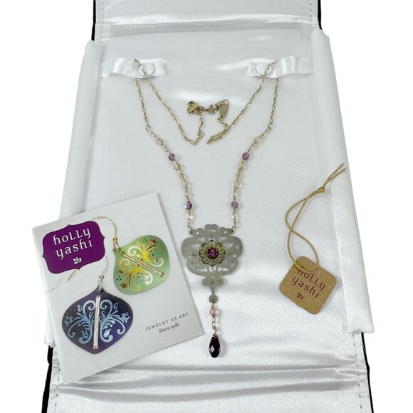 Holly Yashi Pendant Statement Necklace Gold Tone Amethyst Crystals Art Jewelry